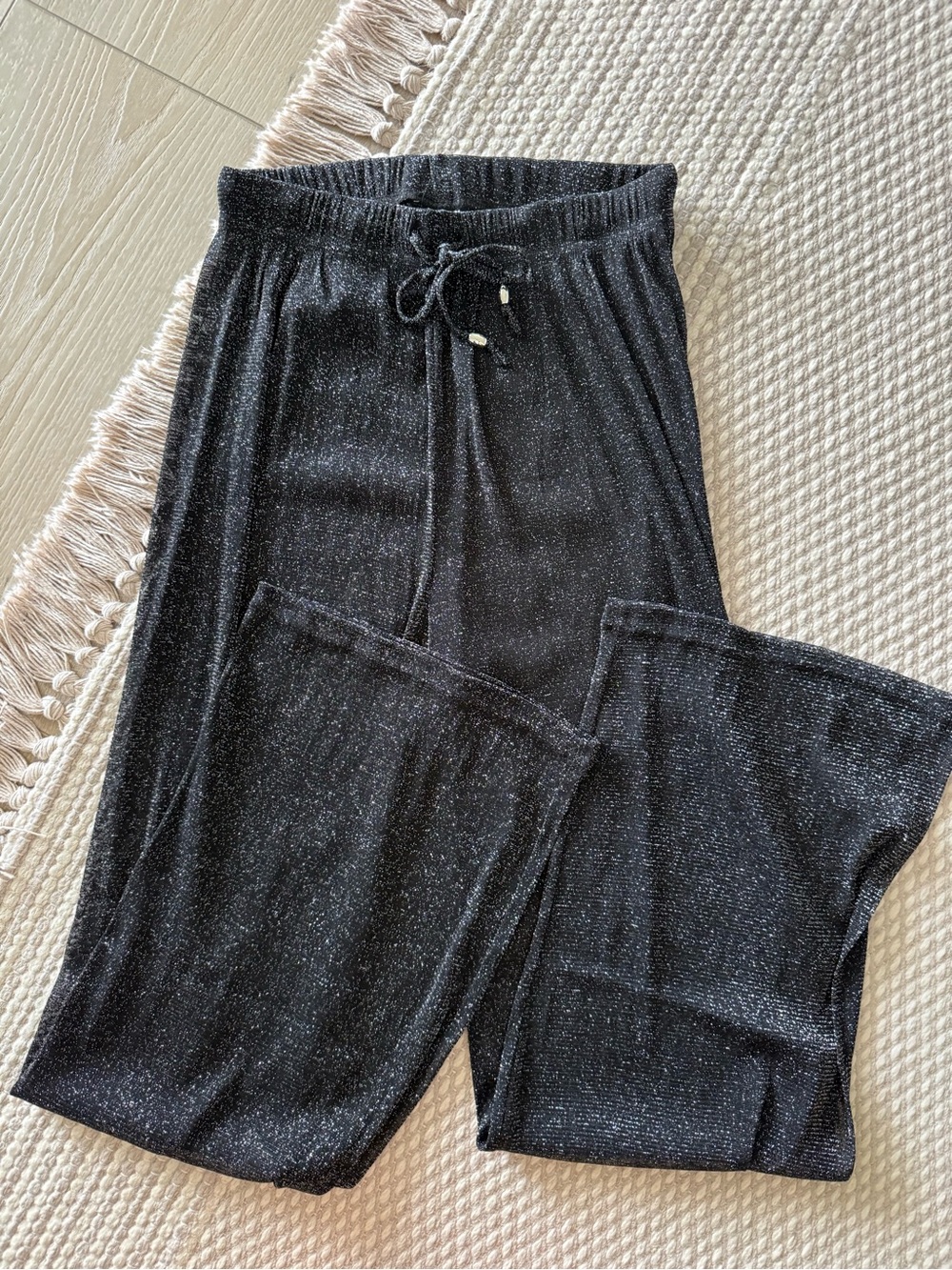 Sandy Beach Women’s Black Solid Glitter Wide Leg Pants Drawstring Elastic Waist